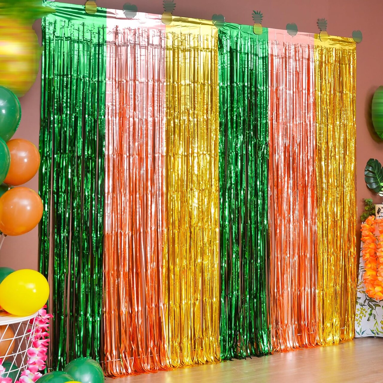 Hawaiian Luau Party Decorations – Set of 2 Foil Fringe Curtains (3.3 x 6.6 ft) in Green, Brown & Yellow, Perfect as Photo Booth Props or Tinsel Streamer Backdrops for Tropical Summer Aloha Parties